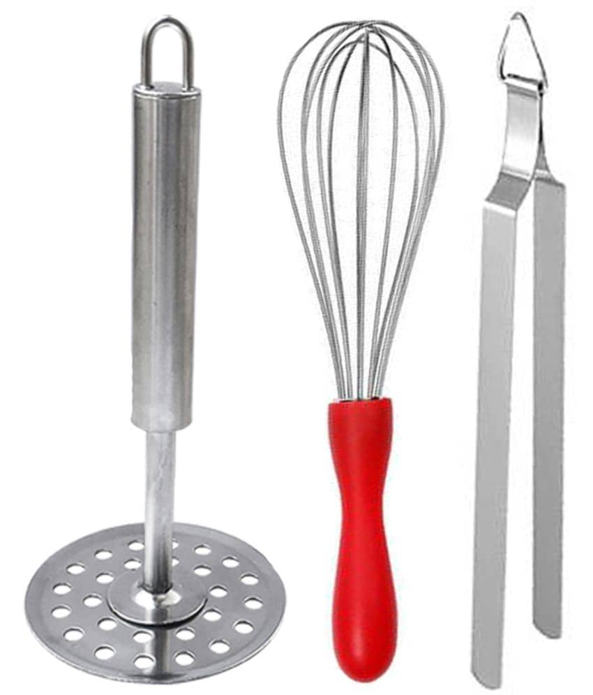 JISUN Stainless Steel Dolphin Plastic Handle Egg Whisk, Beater, Whisker & Vegetable Masher / Pav Bhaji Masher / Potato Masher & Cooking Tong Roti Chimta Silver Kitchen Tool Set