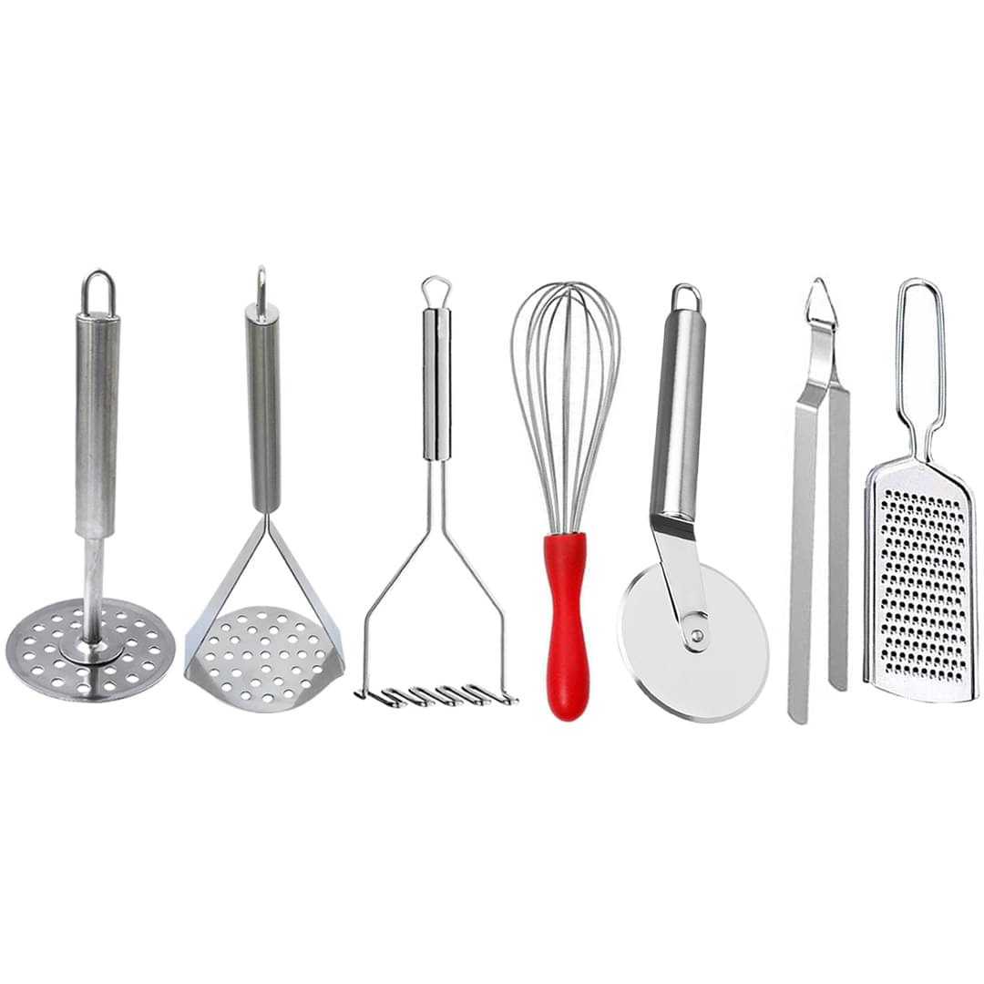 JISUN Stainless Steel Kitchen Tool (Contains: 3 Potato Masher, 1 Roti chimta, 1 Dolphin Whisk, 1 Pizza Cutter, 1 Cheese Grater) Silver Kitchen Tool Set     			JISUN Stainless Steel Kitchen Tool (Contains: 3 Potato Masher, 1 Roti chimta, 1 Dolphin Whisk, 1 Pizza Cutter, 1 Cheese Grater) Silver Kitchen Tool Set