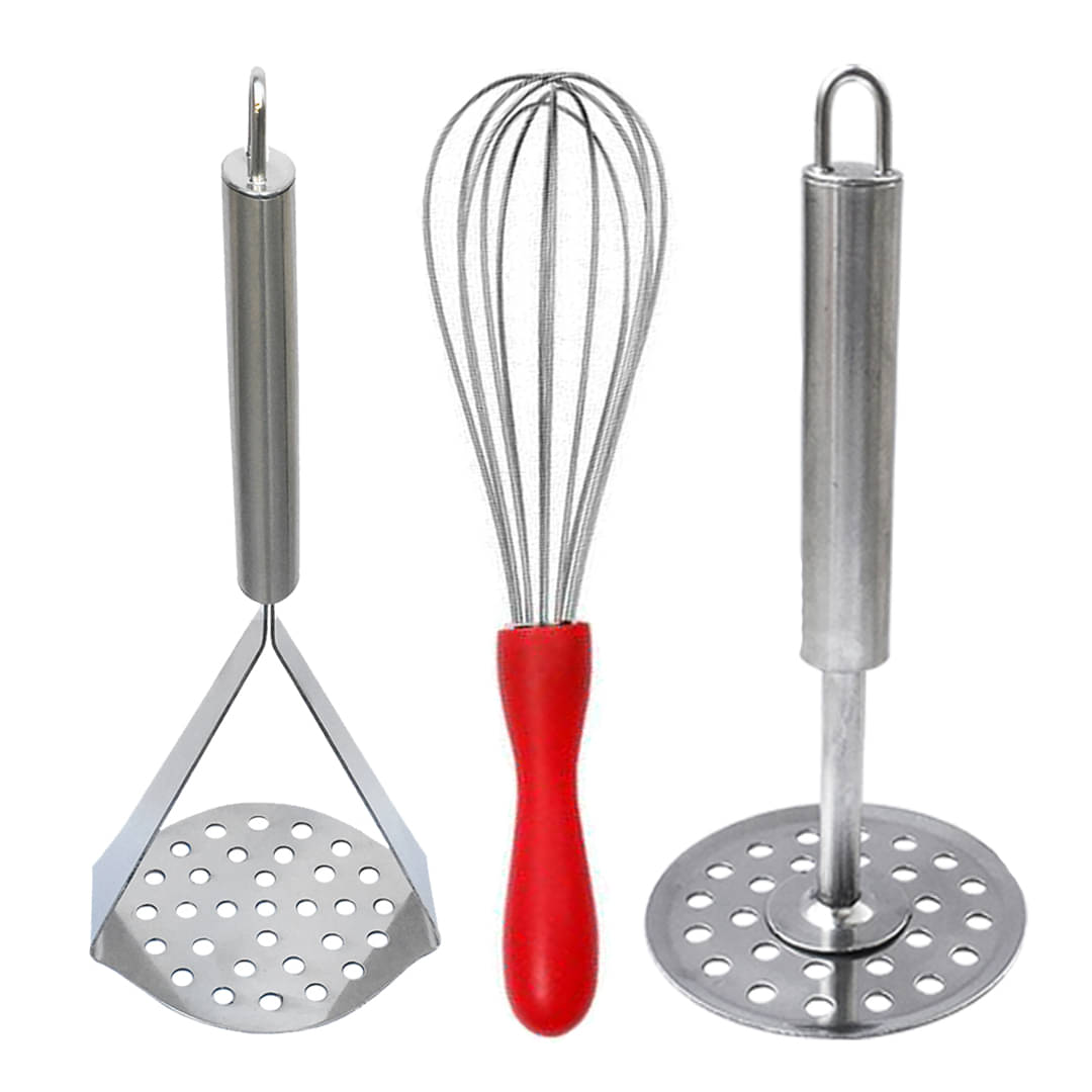     			JISUN Stainless Steel Plastic Handle Egg Whisk, Beater, Whisker & 2 Vegetable Masher / Pav Bhaji Masher / Potato Masher Silver Kitchen Tool Set