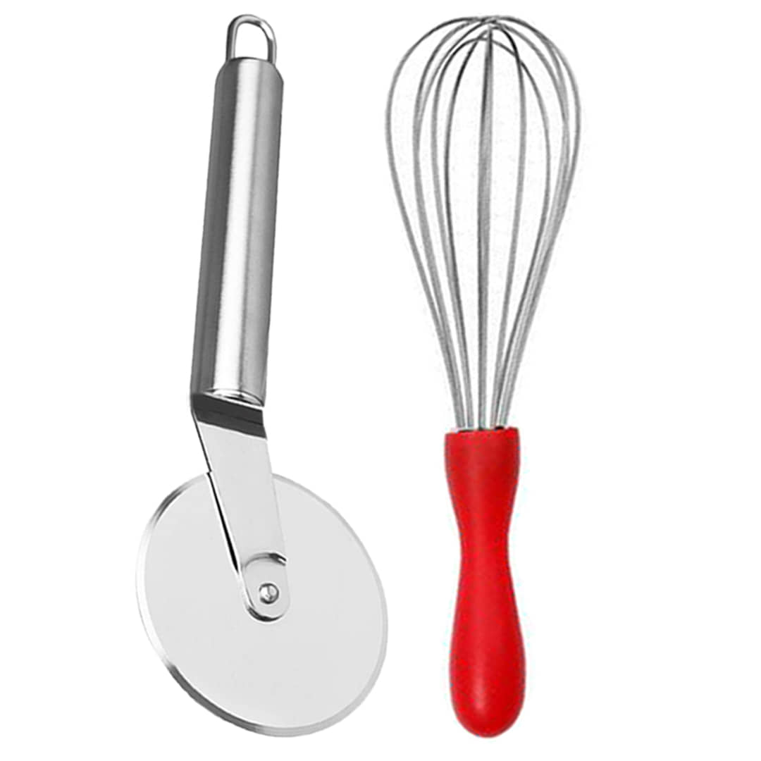 JISUN Stainless Steel Plastic Handle Whisk, Beater, Egg Whisker & Wheel Pizza Cutter Kitchen Tool Set