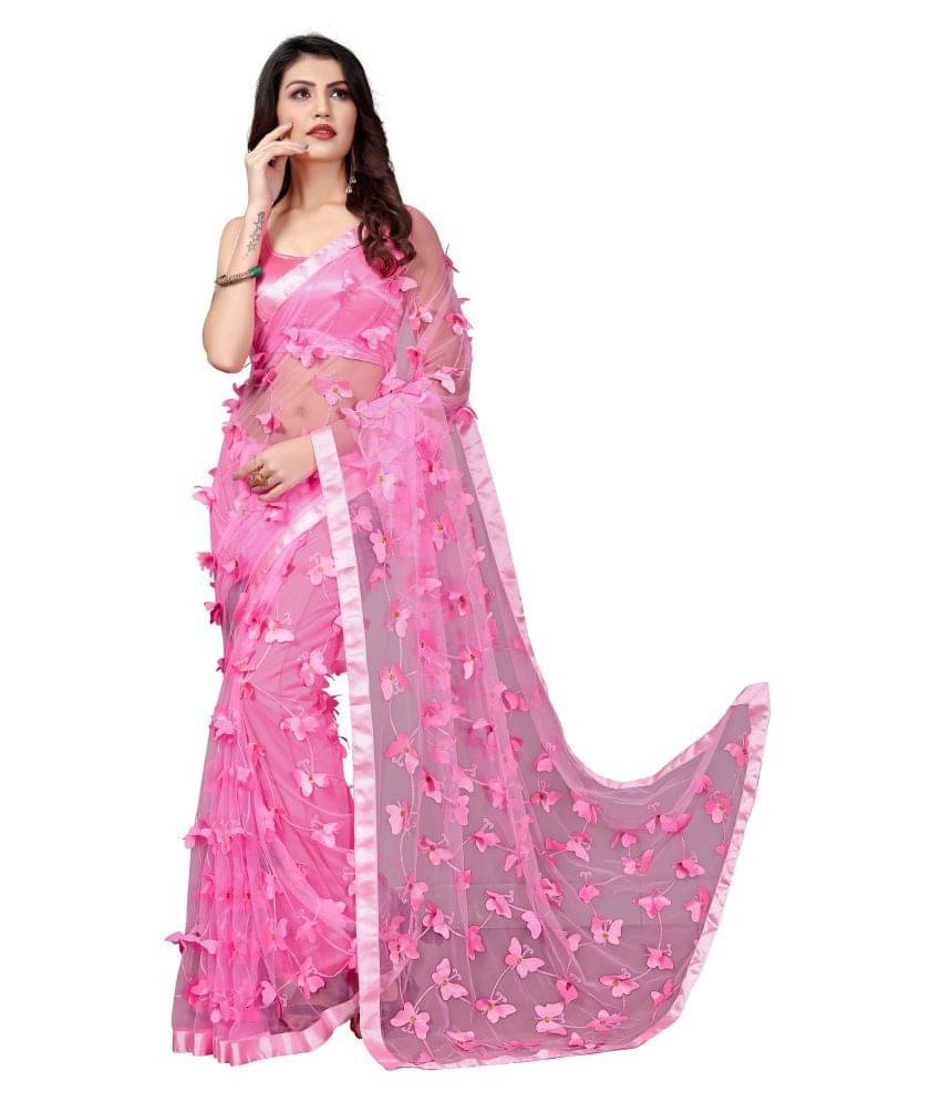 Apnisha Net Embroidered Saree With Unstitched Blouse Piece ( Pink ) Apnisha Net Embroidered Saree With Unstitched Blouse Piece ( Pink )