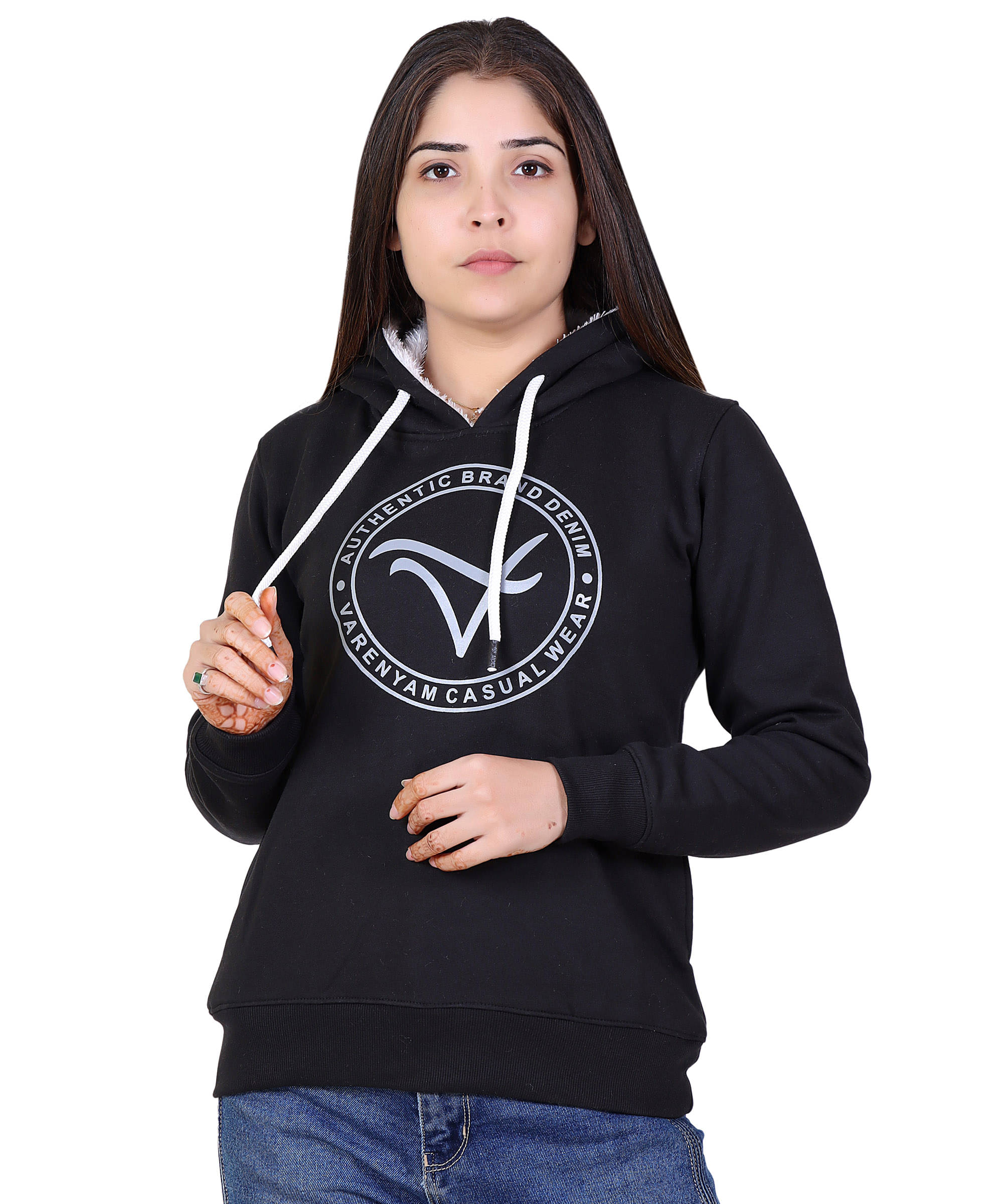     			Varenyam Cotton Fleece Black Hooded Sweatshirt