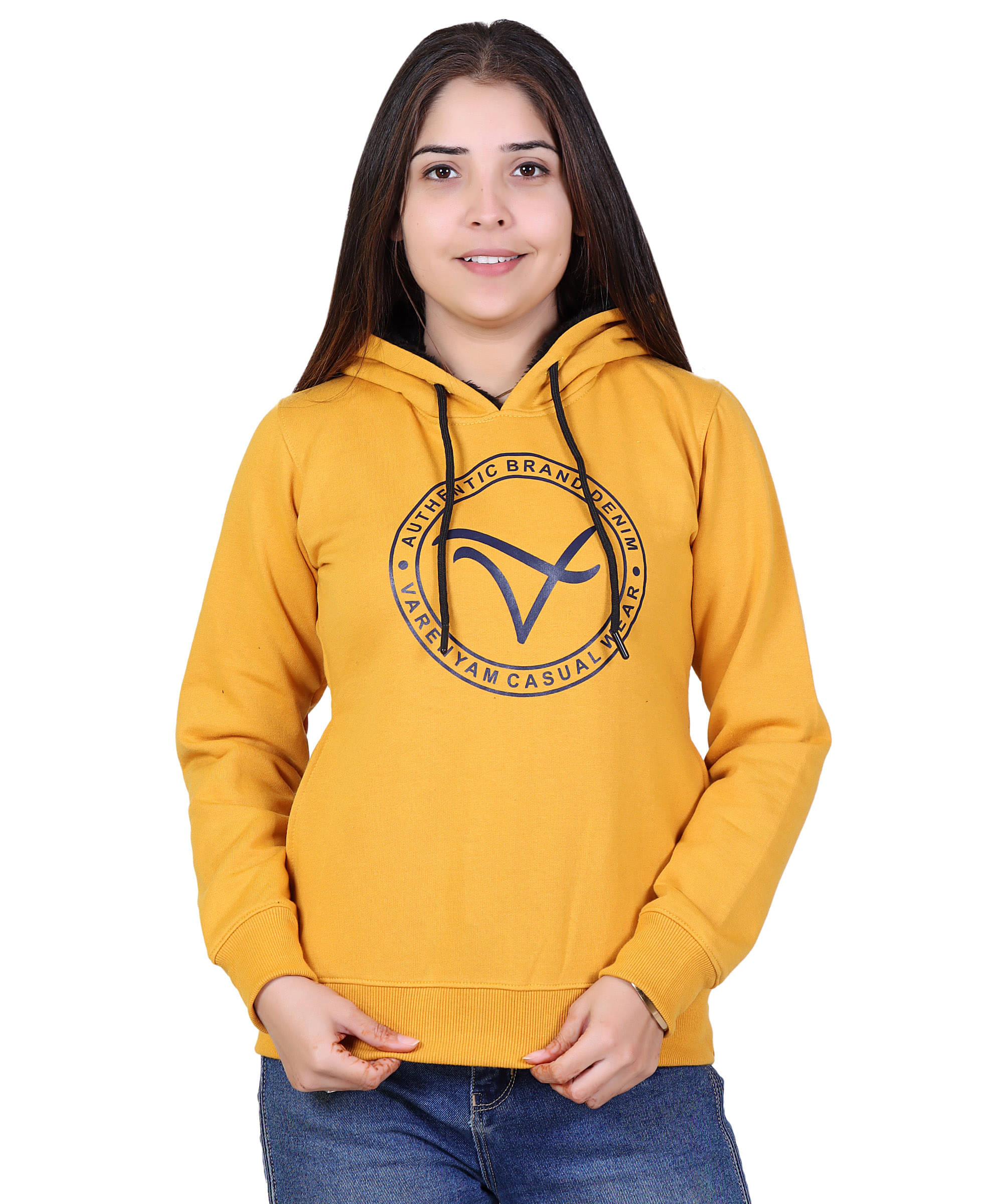     			Varenyam Cotton Fleece Yellow Hooded Sweatshirt