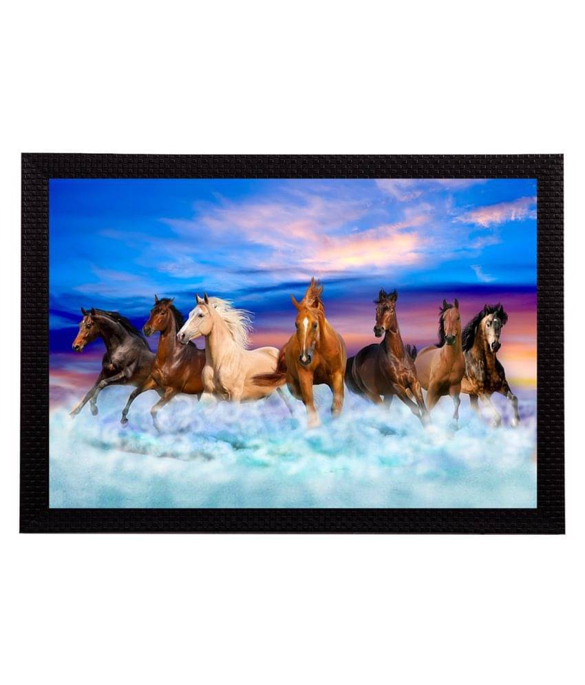     			eCraftIndia Blue & Brown 7 Lucky Running Horses Satin Matt Texture Framed UV Wall Art