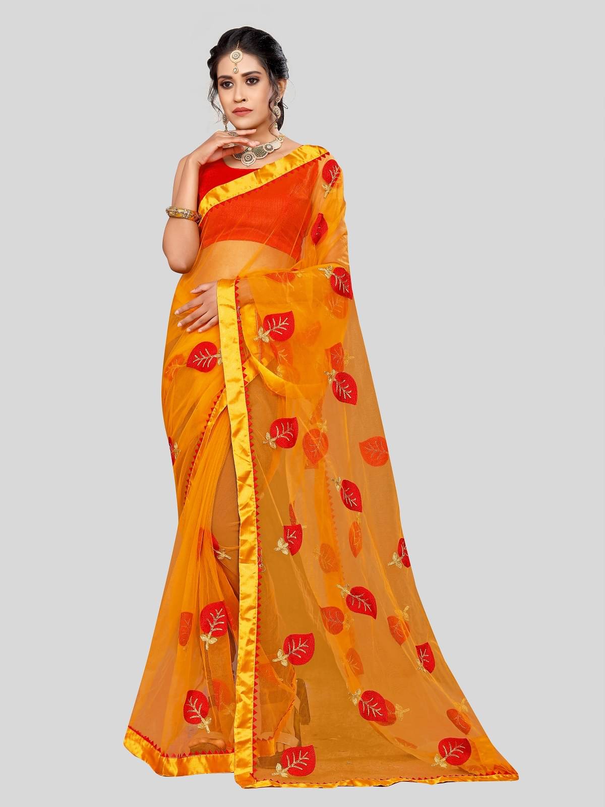 Gazal Fashions Yellow,Red Net Saree - Gazal Fashions Yellow,Red Net Saree -
