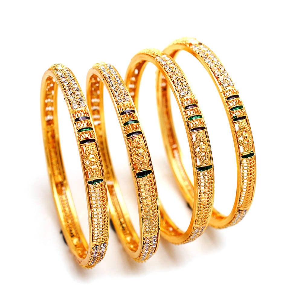     			Jewar Mandi Gold Plating Cubiz Zirconia Studded Gold Coloured Bangle Set