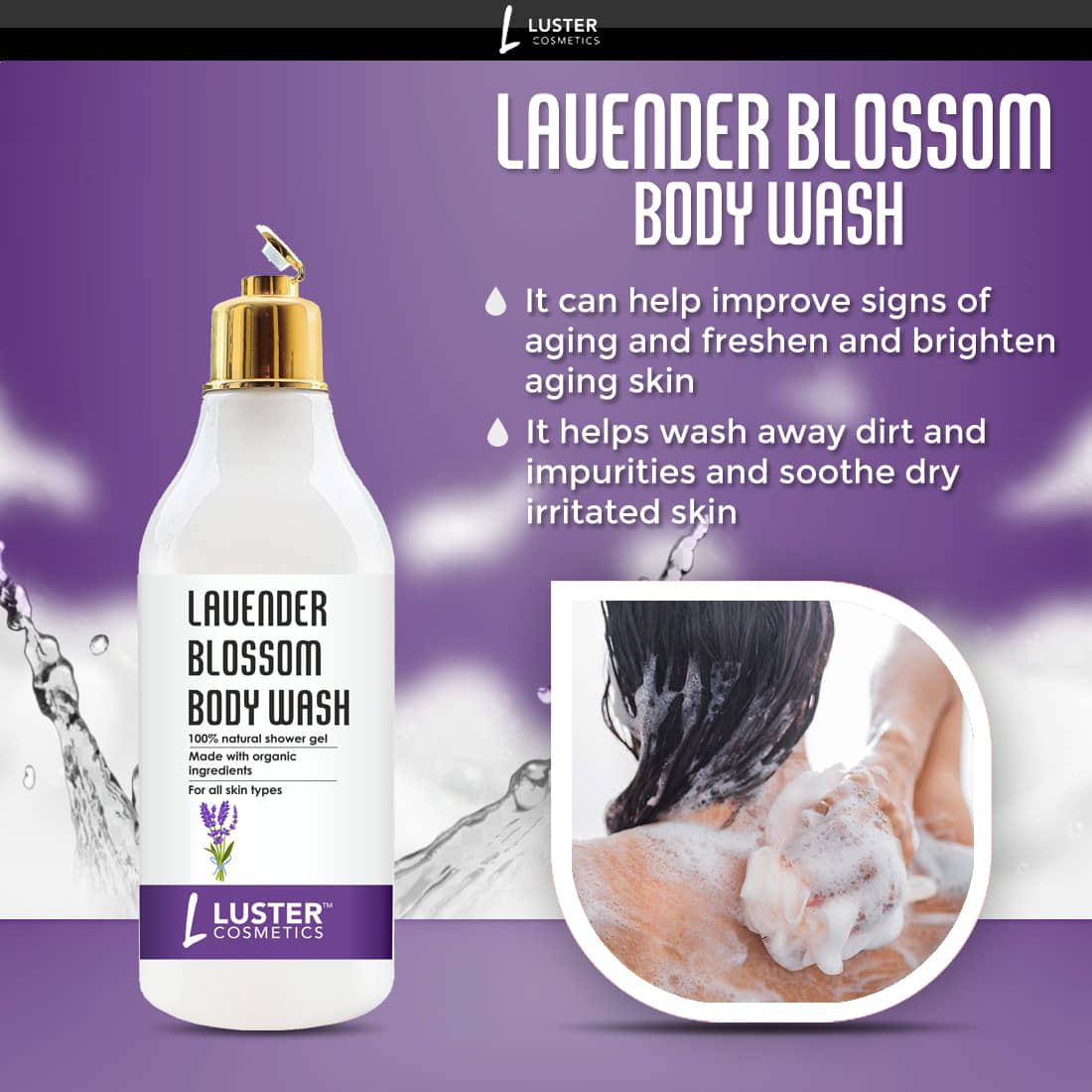 Luster Cosmetics Lavender Blossom Body Wash Shower Gel | Provides Calming Skin & Improves Elasticity | Shower Gel 300 mL