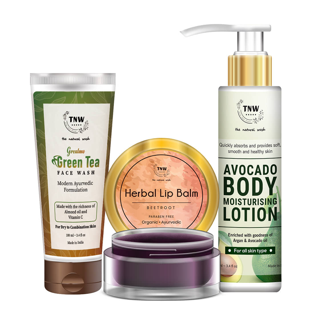 TNW - The Natural Wash Avocado Lotion, Beetroot Lip Balm & Green Tea Face Wash Facial Kit 205 mL Pack of 3