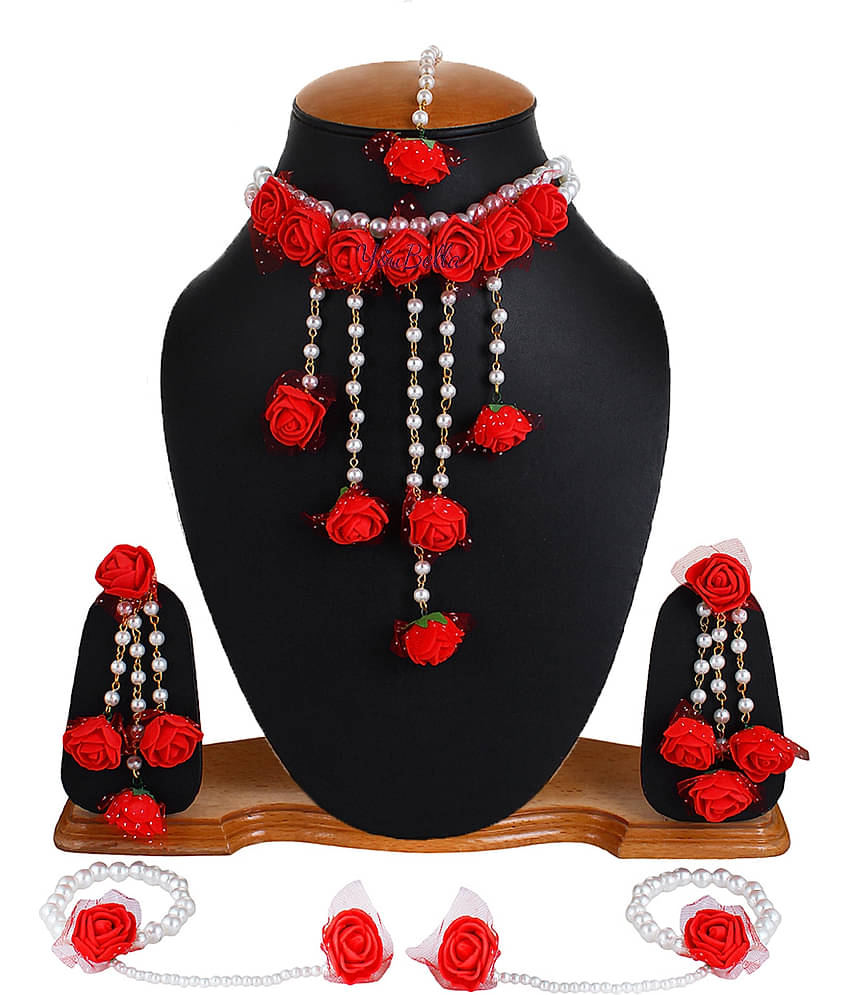 YOUBELLA Red Pearls Necklace Set ( Pack of 1 )