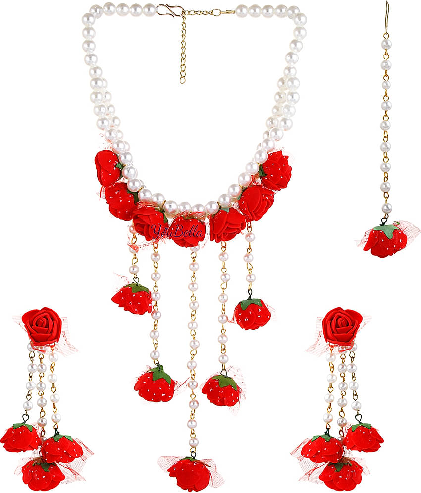 YOUBELLA Red Pearls Necklace Set ( Pack of 1 )