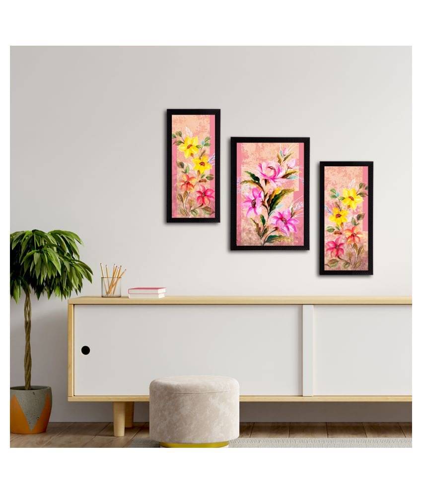     			eCraftIndia Set of 3 Pink & Yellow Botanical & Floral Satin Matt Textured UV Wall Paintings