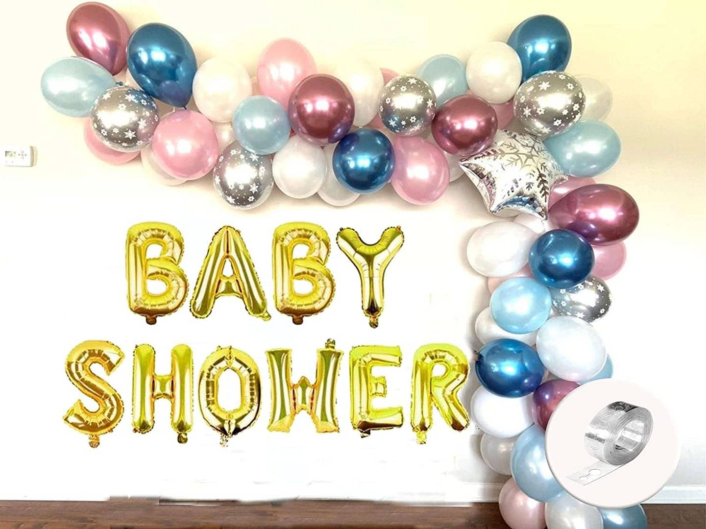     			Balloon Junction Themez Only Baby Shower Party Decoration Banner (GOLD) with Balloons (Metallic Blue / Pink / White & Chrome Blue / Pink & Silver Polka) - Total Pack of 70 pcs