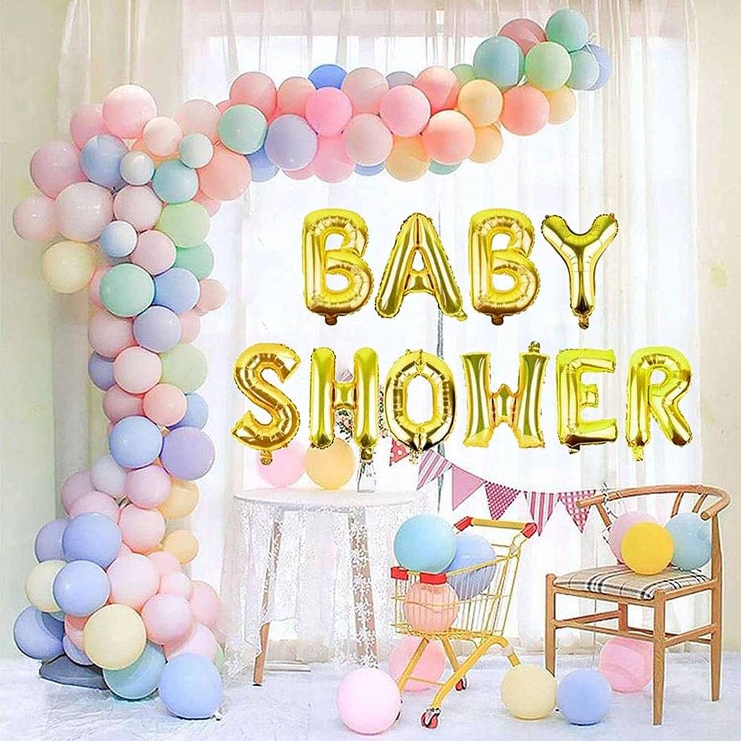     			Balloon Junction Themez Only Baby Shower Party Decoration Banner (GOLD) with Balloons (Multicolor Pastel/ Macaroon) - Total Pack of 60 pcs