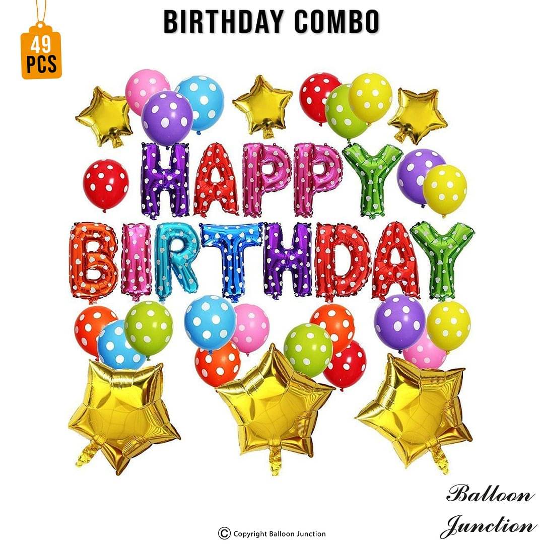     			Balloon Junction Themez Only "Happy Birthday" Letter Foil Balloon Set of 13 Letters (MULTI) with 30 pcs Multicolor Polka Balloons and 6 pcs Gold STAR Foil - Pack of 49 pcs