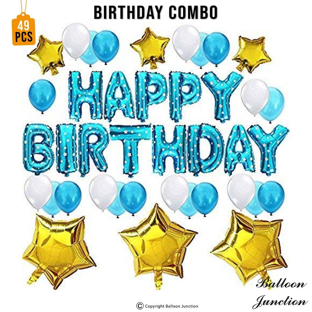     			Balloon Junction Themez Only "Happy Birthday" Letter Foil Balloon Set of 13 Letters (BLUE) with 30 pcs D Blue , Blue & White Metallic Balloons and 6 pcs Gold STAR Foil - Pack of 49 pcs