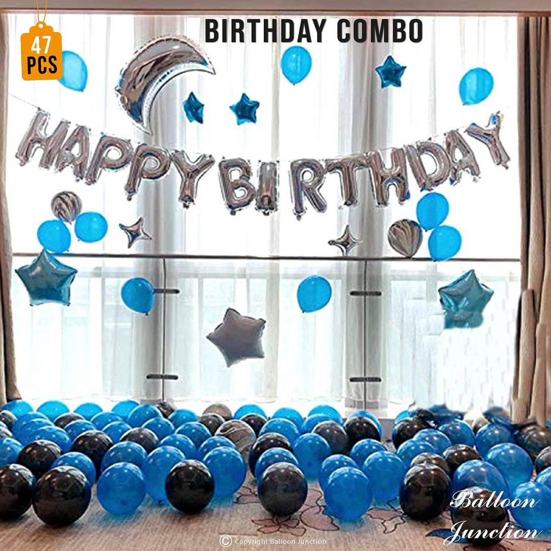     			Balloon Junction Themez Only "Happy Birthday" Letter Foil Balloon Set, (Silver) / Star Foil Balloons for Birthday, Latex Balloons (Blue + Black) - Total pack of 47 pcs