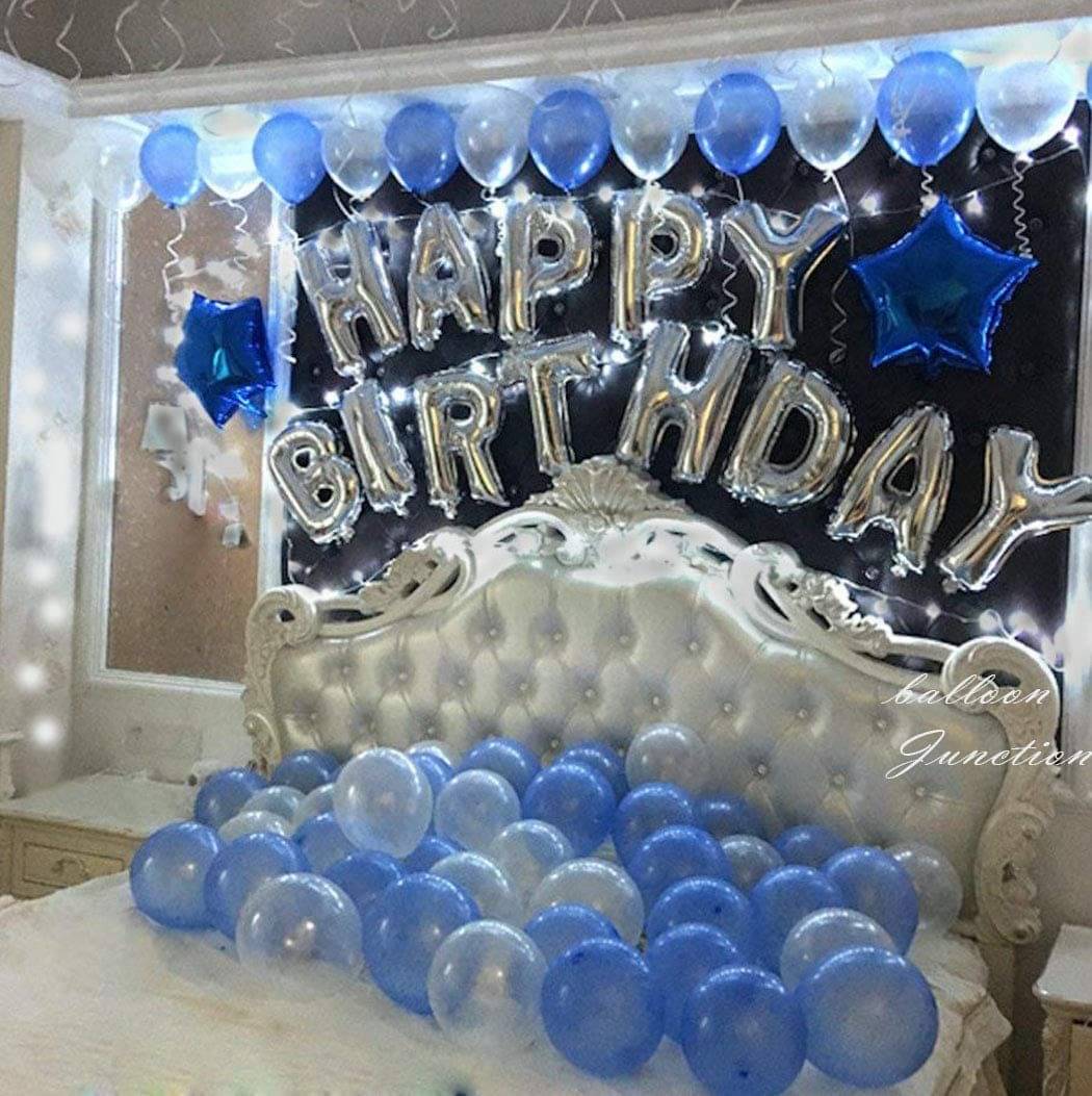     			Balloon Junction Themez Only Happy Birthday Letter Foil Balloon Set, 13 Letters Silver for 1st Boy/16th/40th/50th Birthday or Spouse (Blue and White)  - total pack of 45 pcs