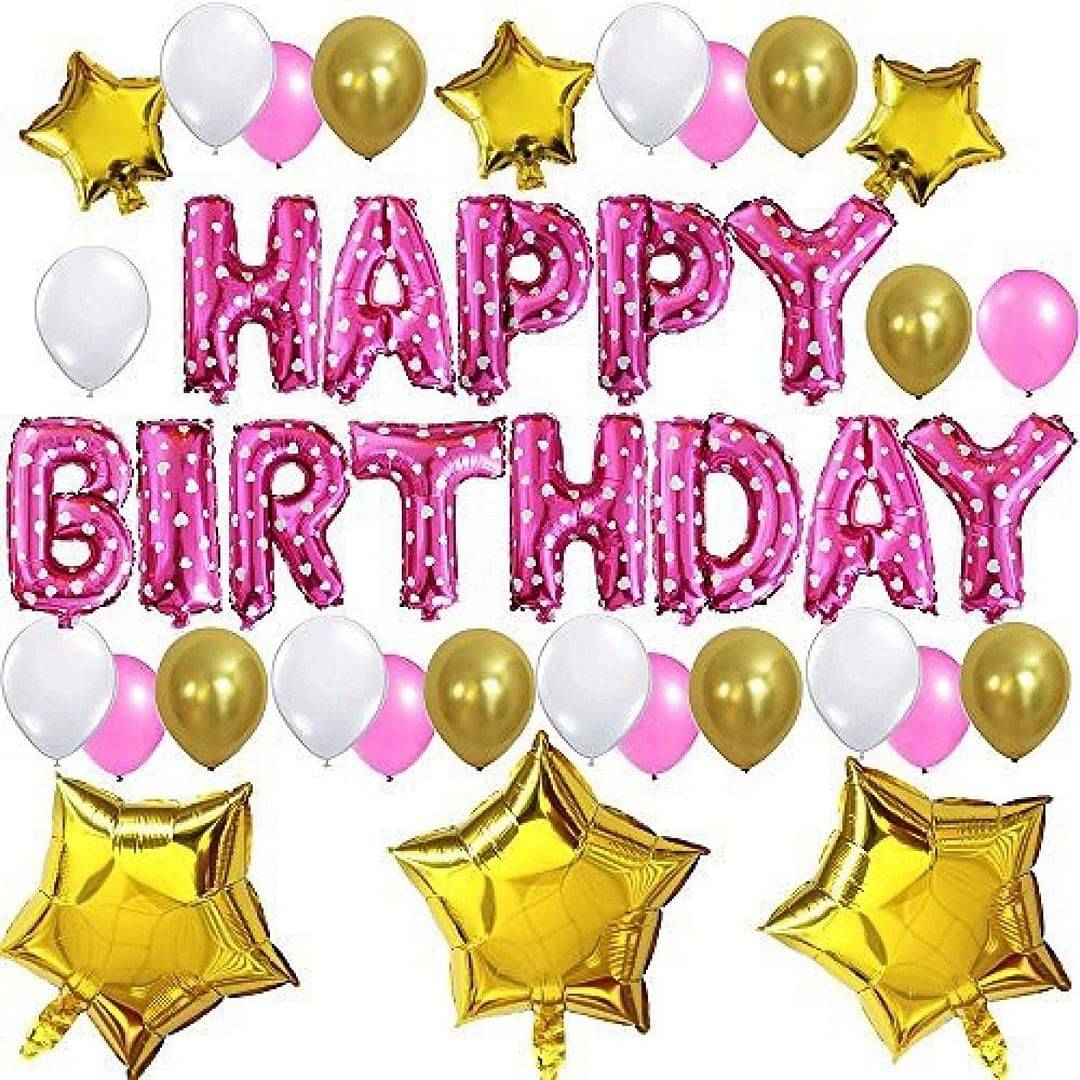     			Balloon Junction Themez Only "Happy Birthday" Letter Foil Balloon Decoration Combo (PINK) with 30 pcs Pink , Gold & White Metallic Balloons and 6 pcs Gold STAR Foil - Pack of 49 pcs