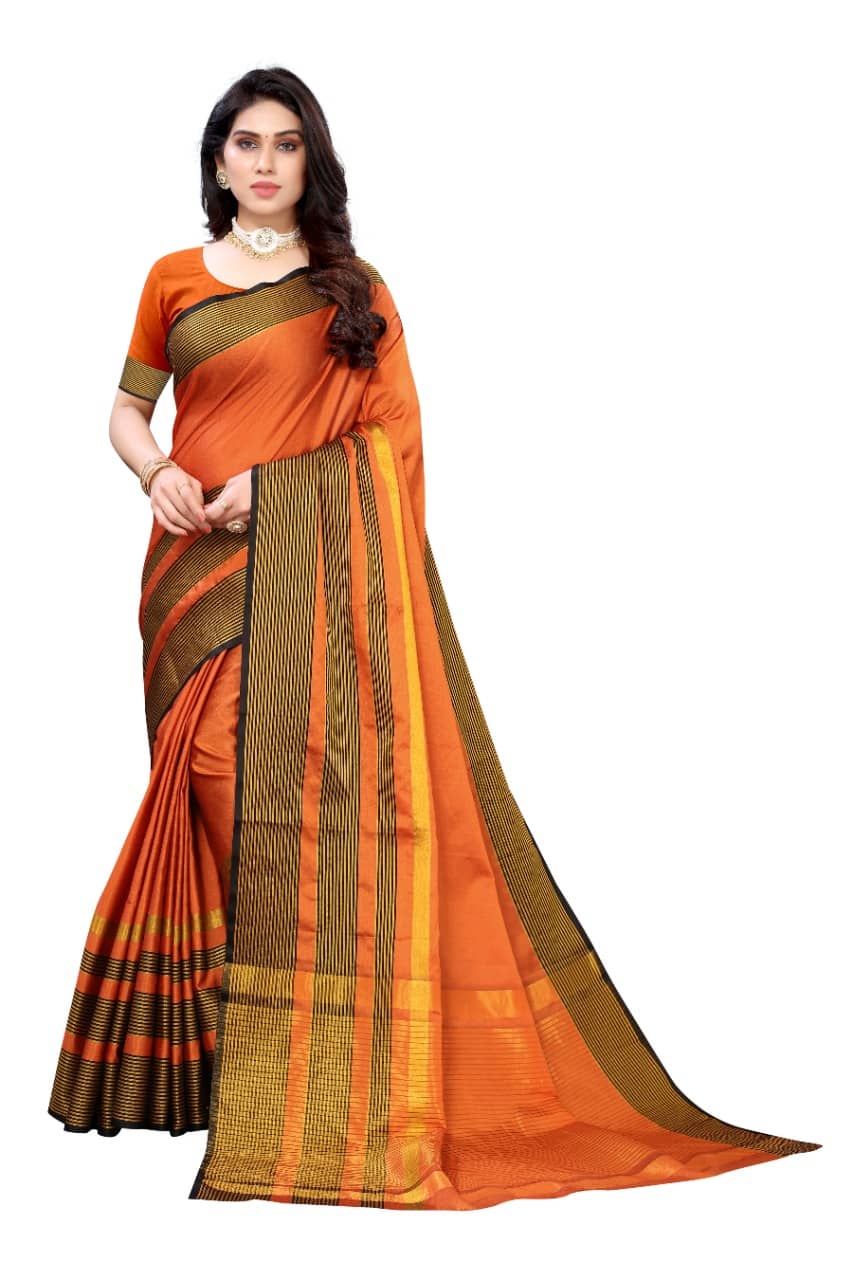 SMART NJ Cotton Self Design Saree With Unstitched Blouse Piece ( Orange ) - Sarees | Buy online on ZillyBuy