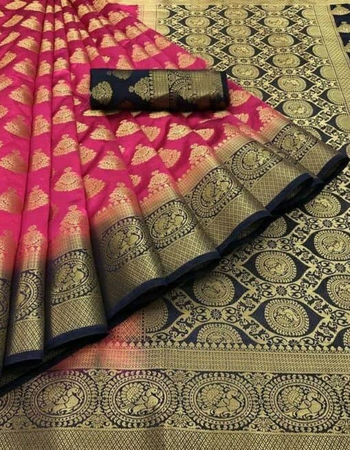 fab woven Banarasi Silk Self Design Saree With Unstitched Blouse Piece ( Pink ) - Sarees | Buy online on ZillyBuy