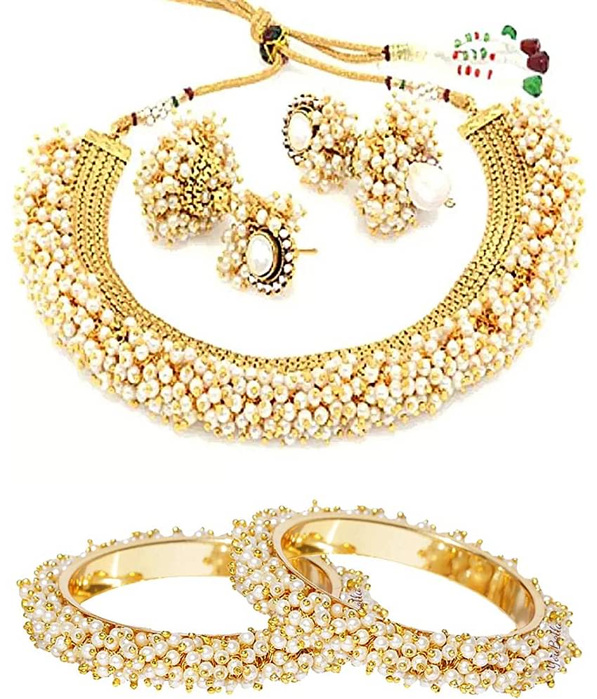 YouBella Jewellery Sets for Women Gold Plated Pearl Wedding Bridal Necklace Jewellery Set with Earrings and Bangles Combo for Girls/Women (2.4)