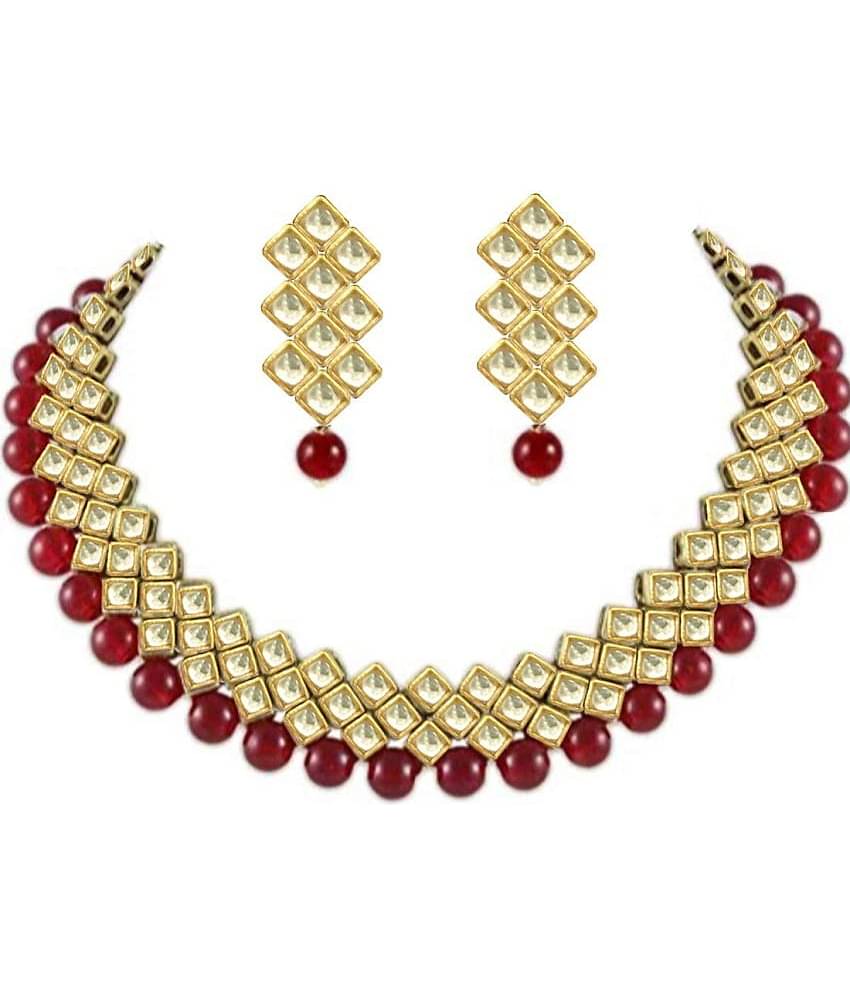 YouBella Jewellery Sets for Women Gold Plated Kundan Necklace Jewellery Set with Earrings for Girls/Wome (Red)