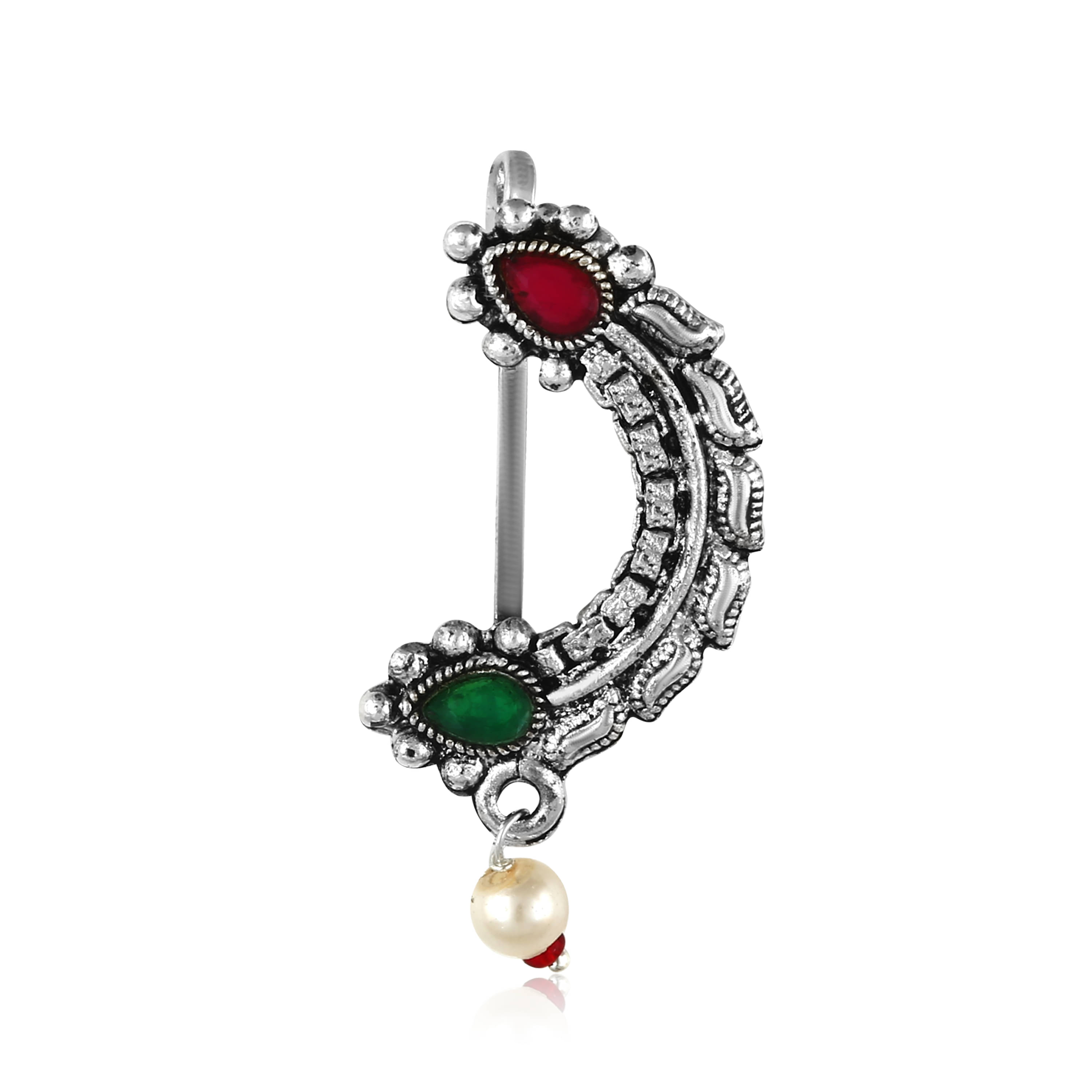 Vighnaharta Oxidised Gold with Artificial stone and beads Mayur design Alloy Maharashtrian Nath Nathiya./ Nose Pin for women - VFJ1056NTH-Press Vighnaharta Oxidised Gold with Artificial stone and beads Mayur design Alloy Maharashtrian Nath Nathiya./ Nose Pin for women - VFJ1056NTH-Press