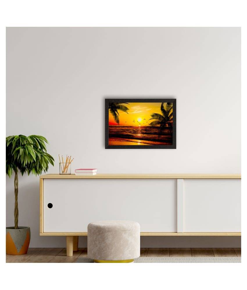     			eCraftIndia Yellow & Black Flying Birds During Sunrise Beach View Satin Matt Texture UV Wall Art