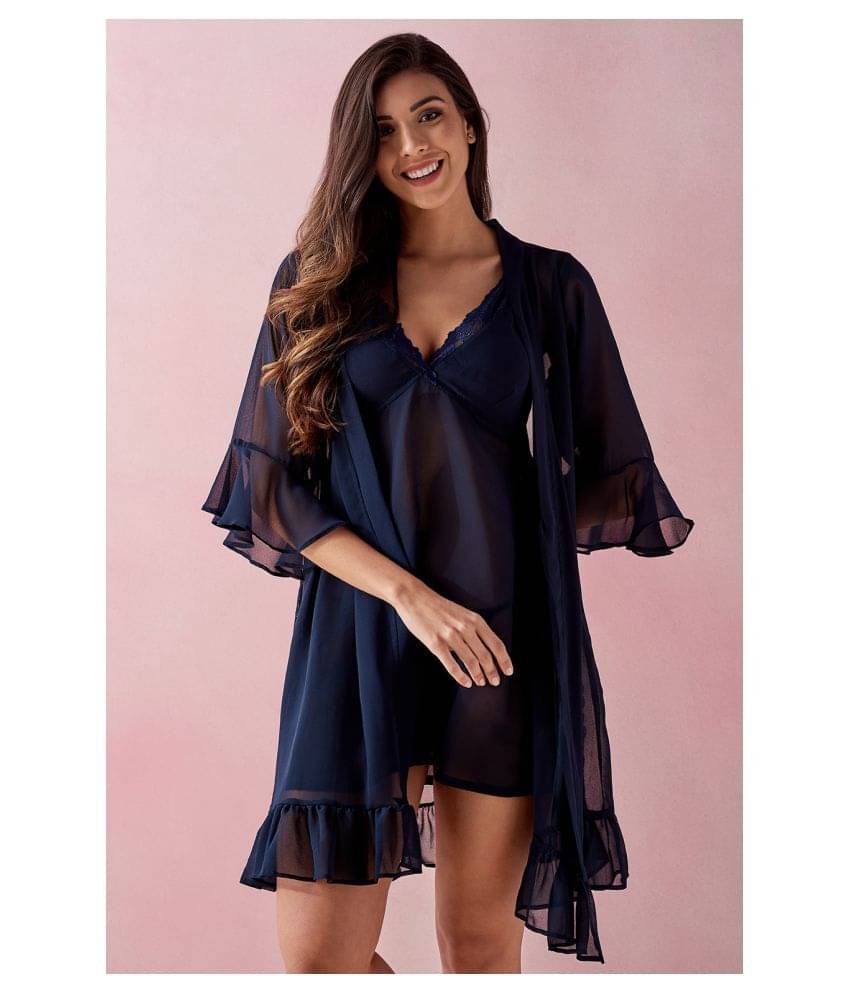 Clovia - Navy Blue Polyester Women's Nightwear Baby Doll Dresses With Panty Clovia - Navy Blue Polyester Women's Nightwear Baby Doll Dresses With Panty