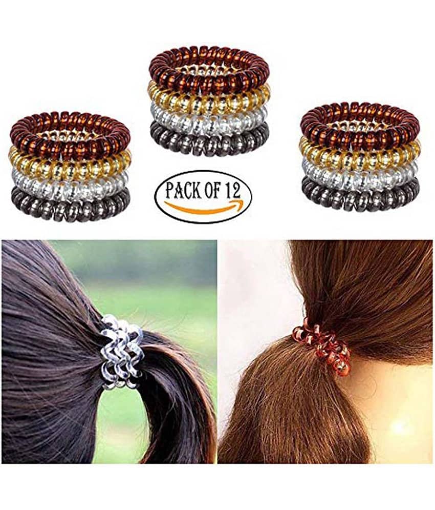FOK Spiral Elastic Plastic Hair Tie Rubber Bands for Women, Multicolor, 12 count - Jewellery Sets | Buy online on ZillyBuy