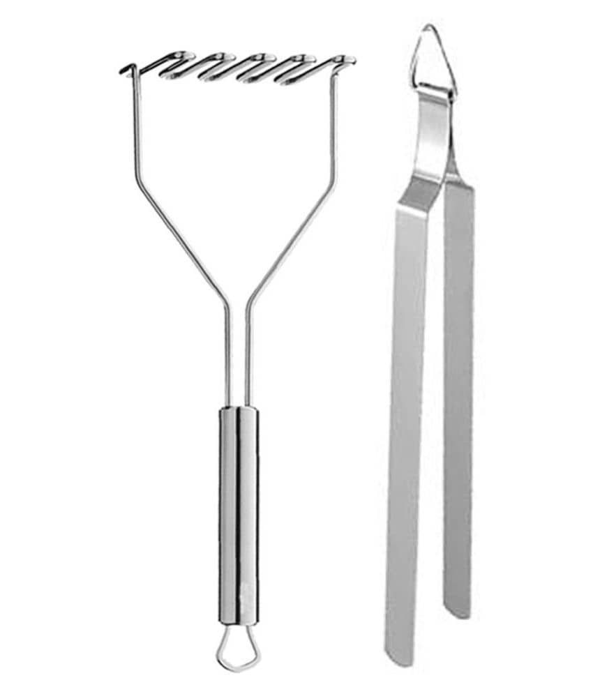 JISUN K7L Stainless Steel Potato Masher/Pav Bhaji Masher/Vegetable Masher And Tong Roti Sekne Chimta Silver Kitchen Tool Set  (Silver)