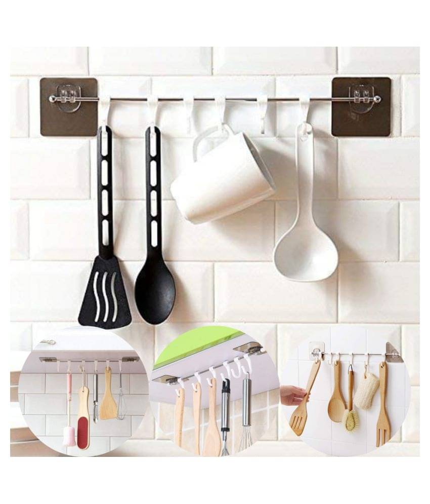     			Mr Bhoot Self Adhesive Kitchen Hanger Hook Rail With 6 Hook, Multipurpose Strong Sticky 10 Kg Capicity Wall Mounted Self Adhesive Kitchen Towel Hanger Hook,Steel Road And ABS Plastic 6 White Hooks