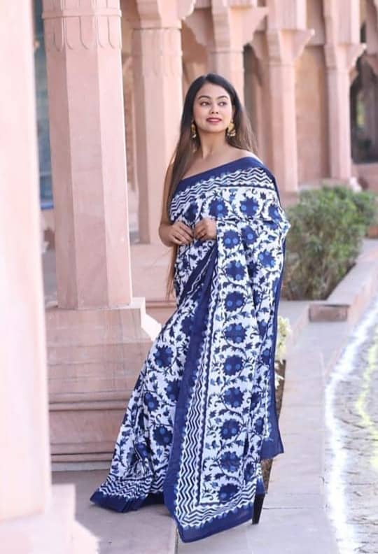 PINKCITY TRADE WORLD Cotton Printed Saree With Unstitched Blouse Piece ( Blue ) - Sarees | Buy online on ZillyBuy