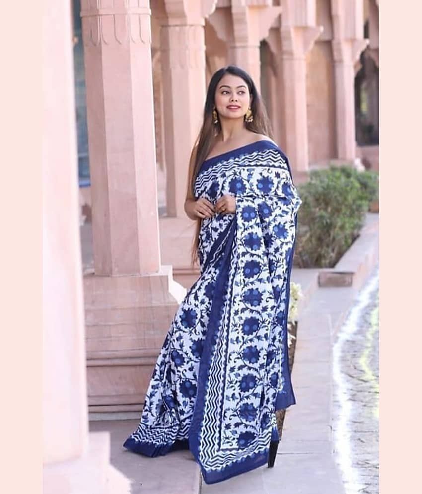 PINKCITY TRADE WORLD Cotton Printed Saree With Unstitched Blouse Piece ( Blue ) - Sarees | Buy online on ZillyBuy