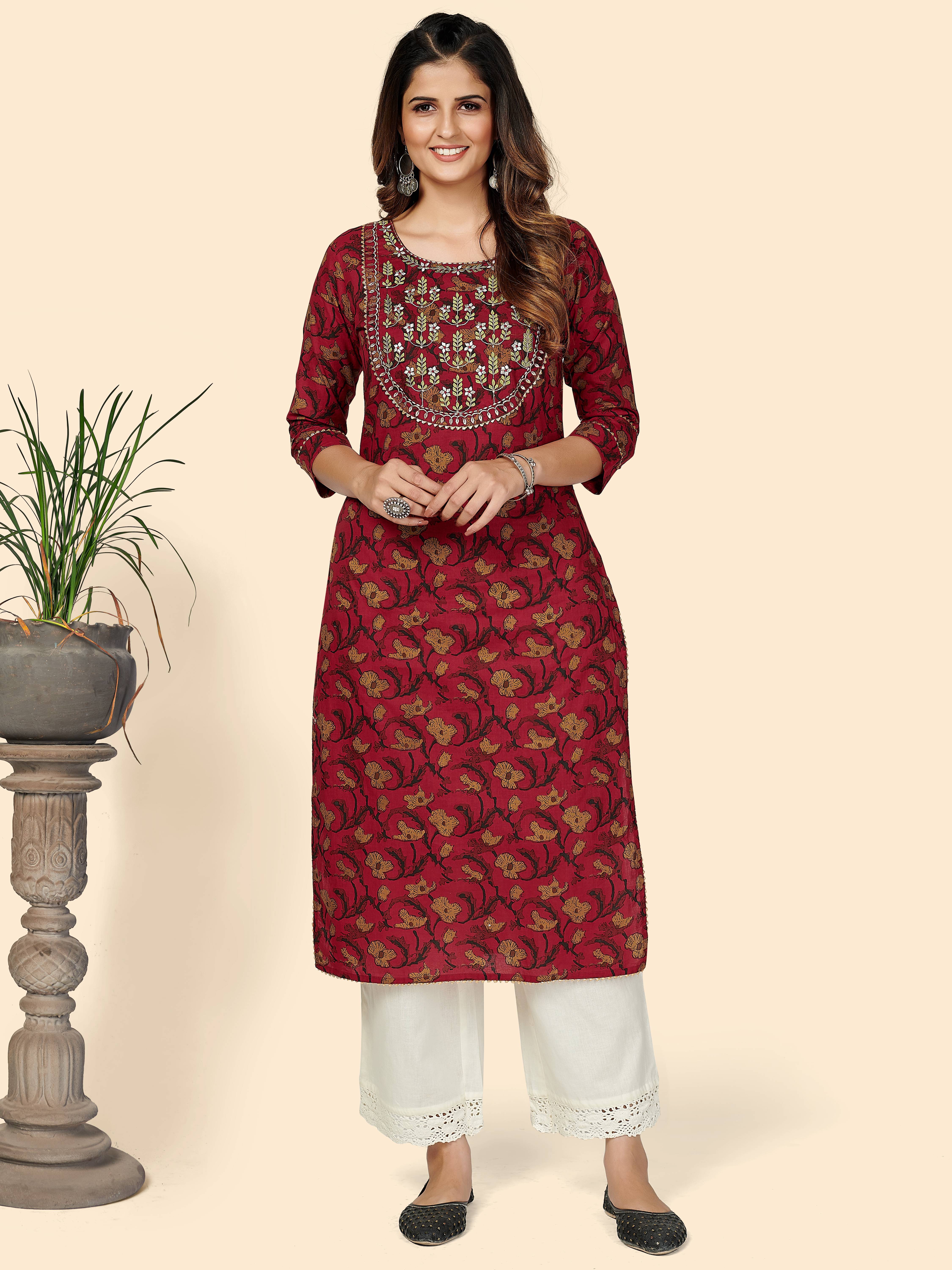 Vbuyz Red Cotton Straight Kurti - Single Vbuyz Red Cotton Straight Kurti - Single