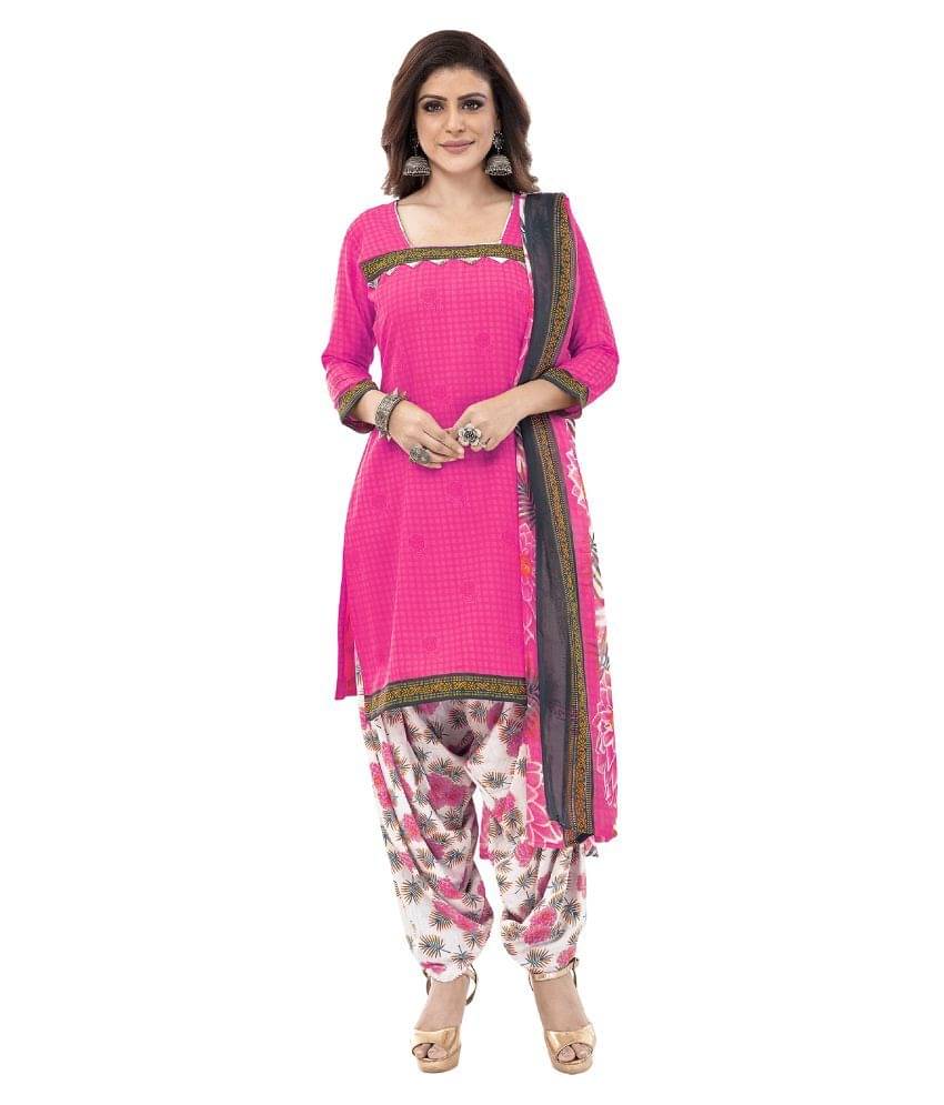 Jevi Prints Pink Crepe Unstitched Dress Material - Single Jevi Prints Pink Crepe Unstitched Dress Material - Single