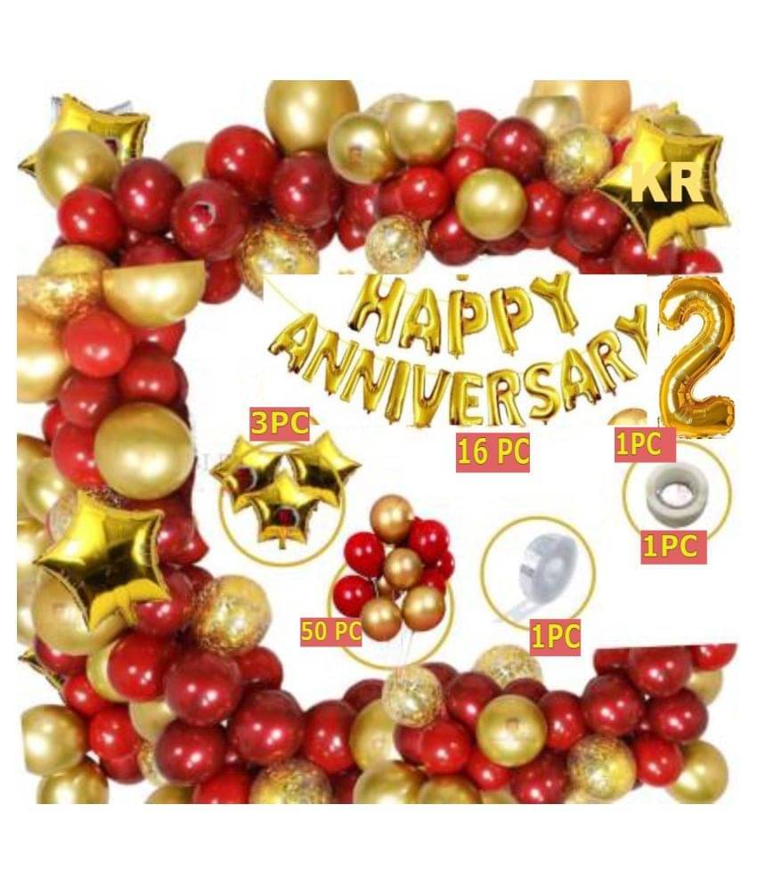     			KR Solid Red Gold Foil Boys Girls 2nd Happy Anniversary Balloon Decoration Kit Combo (Pack of 76)
