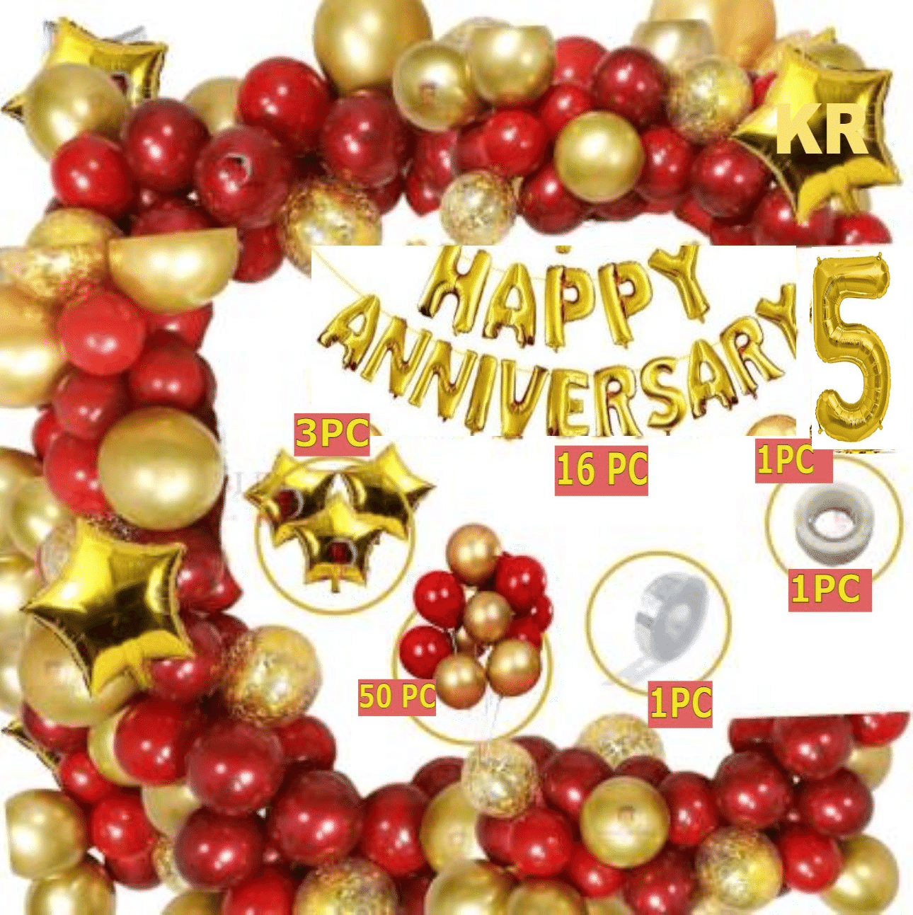     			KR Solid Red Gold Foil Boys Girls 5th Happy Anniversary Balloon Decoration Kit Combo (Pack of 76)