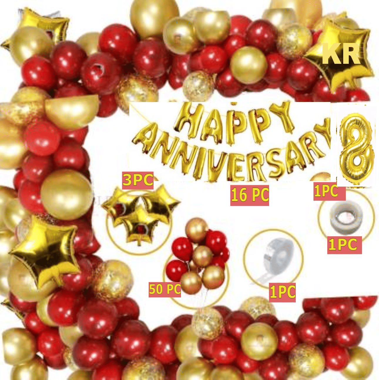     			KR Solid Red Gold Foil Boys Girls 8th Happy Anniversary Balloon Decoration Kit Combo (Pack of 76)