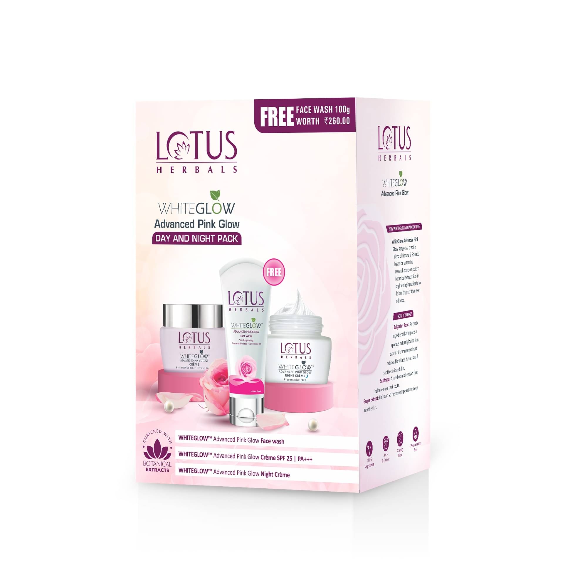 Lotus Herbals WhiteGlow Advanced Pink Glow Day & Night, Face Wash, Pack 3 Product Combo, 220g     			Lotus Herbals WhiteGlow Advanced Pink Glow Day & Night, Face Wash, Pack 3 Product Combo, 220g