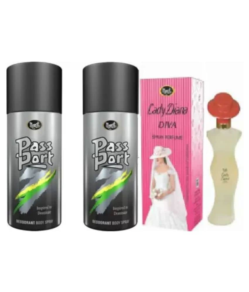 MONET PASSPORT DEO +LADY DIANA DIVA  - For Men & Women  (150 ml deo each and 200 ml perfume, Pack of 3)