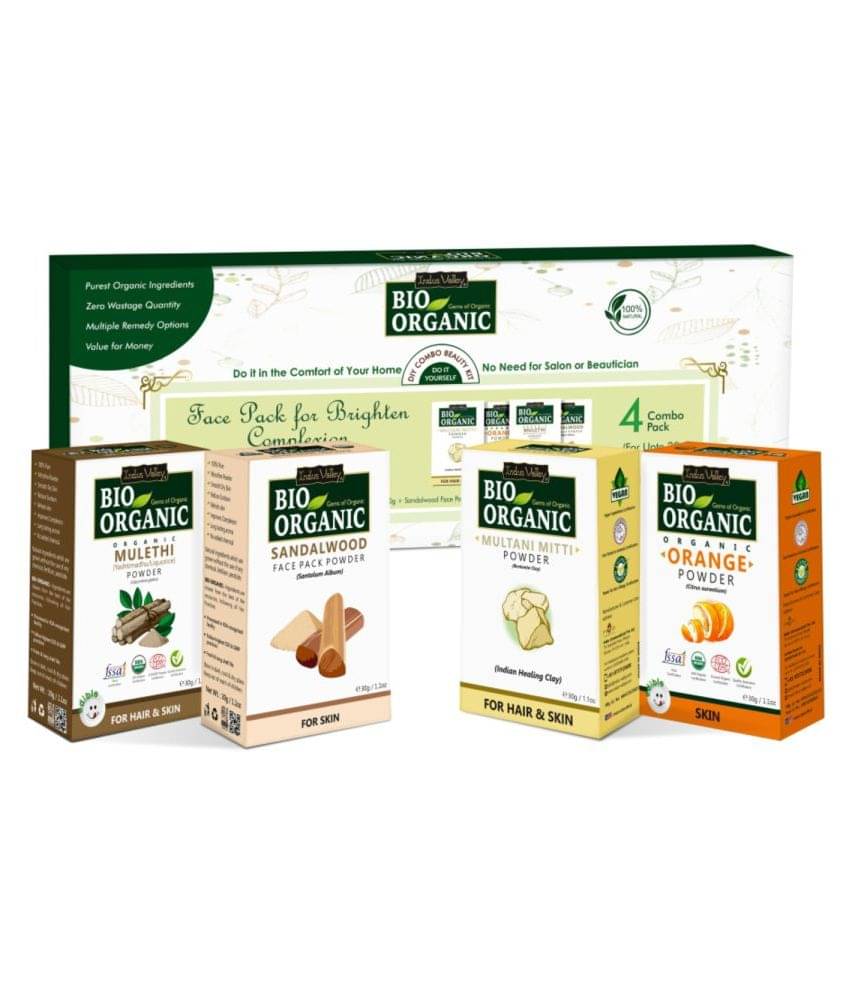 Indus Valley Bio Organic Face Pack for Brighten Complexion, comprises of Mulethi powder, Sandalwood Face Pack, Orange peel powder and Multani Mitti powder - DIY Facial Kit (4 x 30 g) Indus Valley Bio Organic Face Pack for Brighten Complexion, comprises of Mulethi powder, Sandalwood Face Pack, Orange peel powder and Multani Mitti powder - DIY Facial Kit (4 x 30 g)