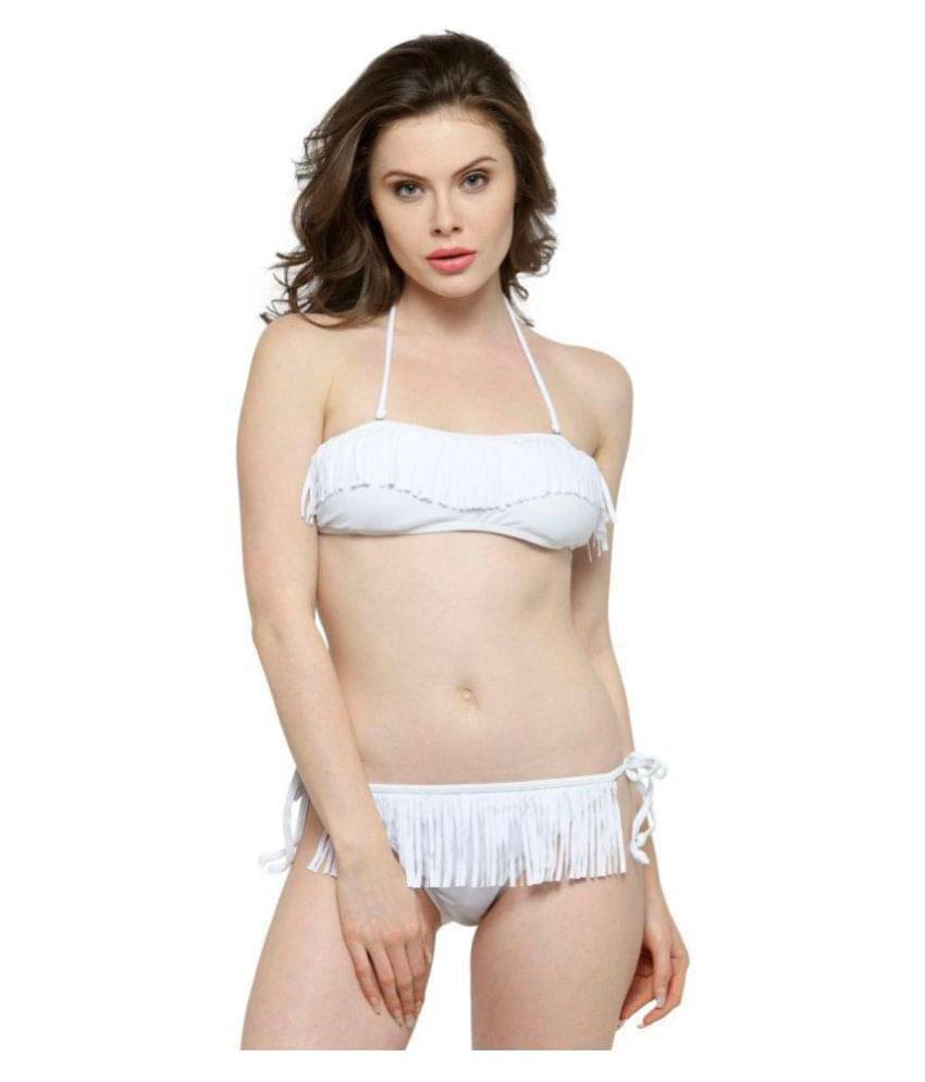 N-Gal Polyester White Two Piece Swimsuit with Skirt - Single     			N-Gal Polyester White Two Piece Swimsuit with Skirt - Single