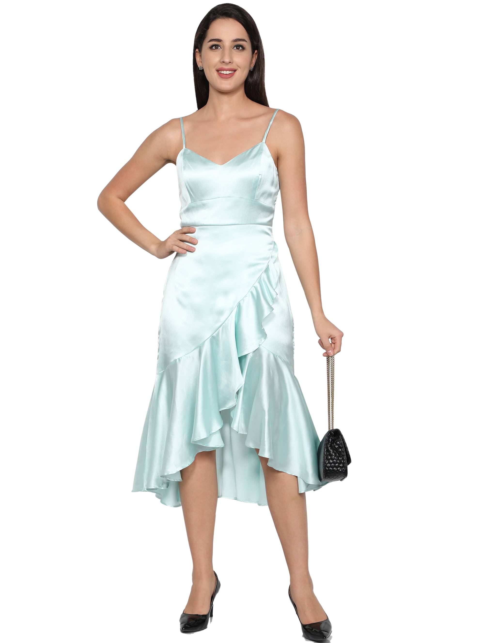     			NUEVOSDAMAS Women Satin Solid Asymmetric Dress ( Green )