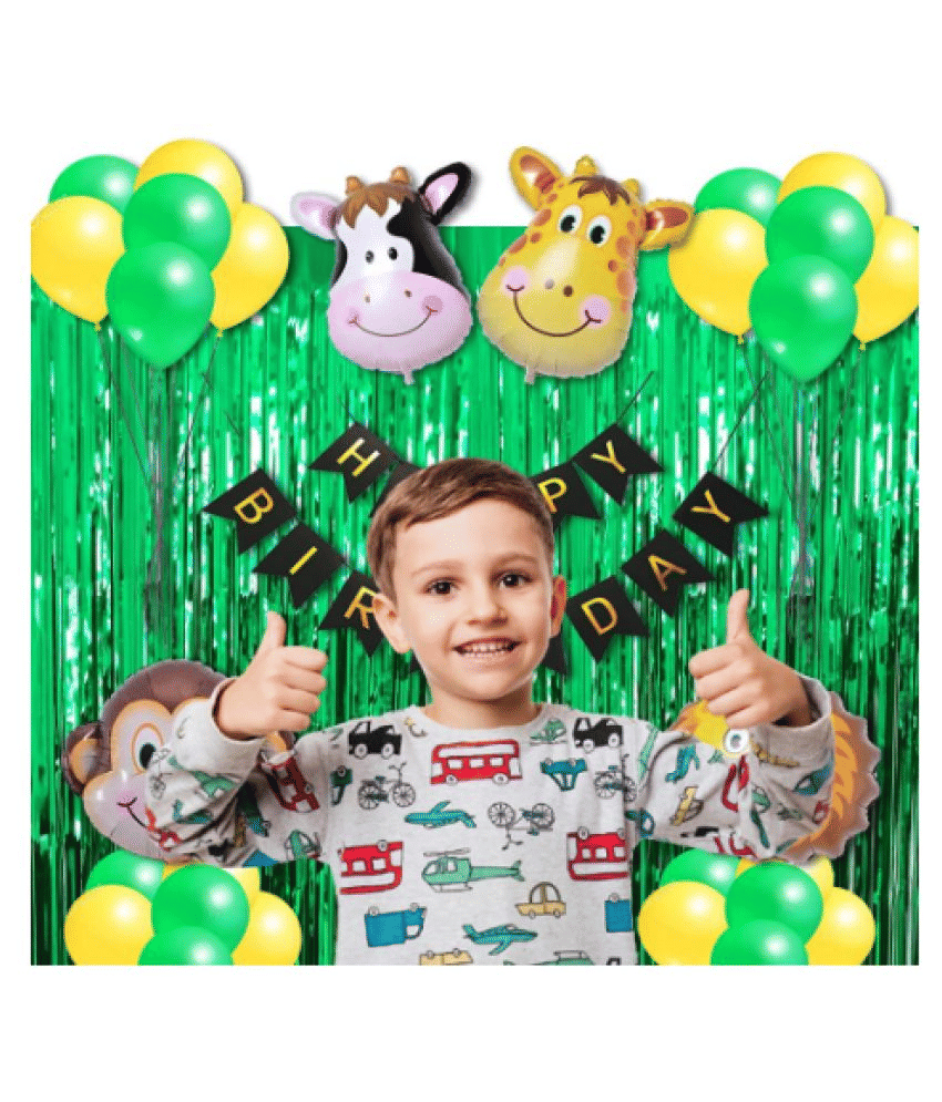     			Blooms Mall Jungle safari  Theme - 1 Pc Black Happy Birthday Banner  2 Pc Green Foil Curtain, 10 Pcs Yellow Latex Balloons, 10 Pcs Green Latex Balloons, 1 Pc Silver Ribbon. + Animal (Pack of 5)