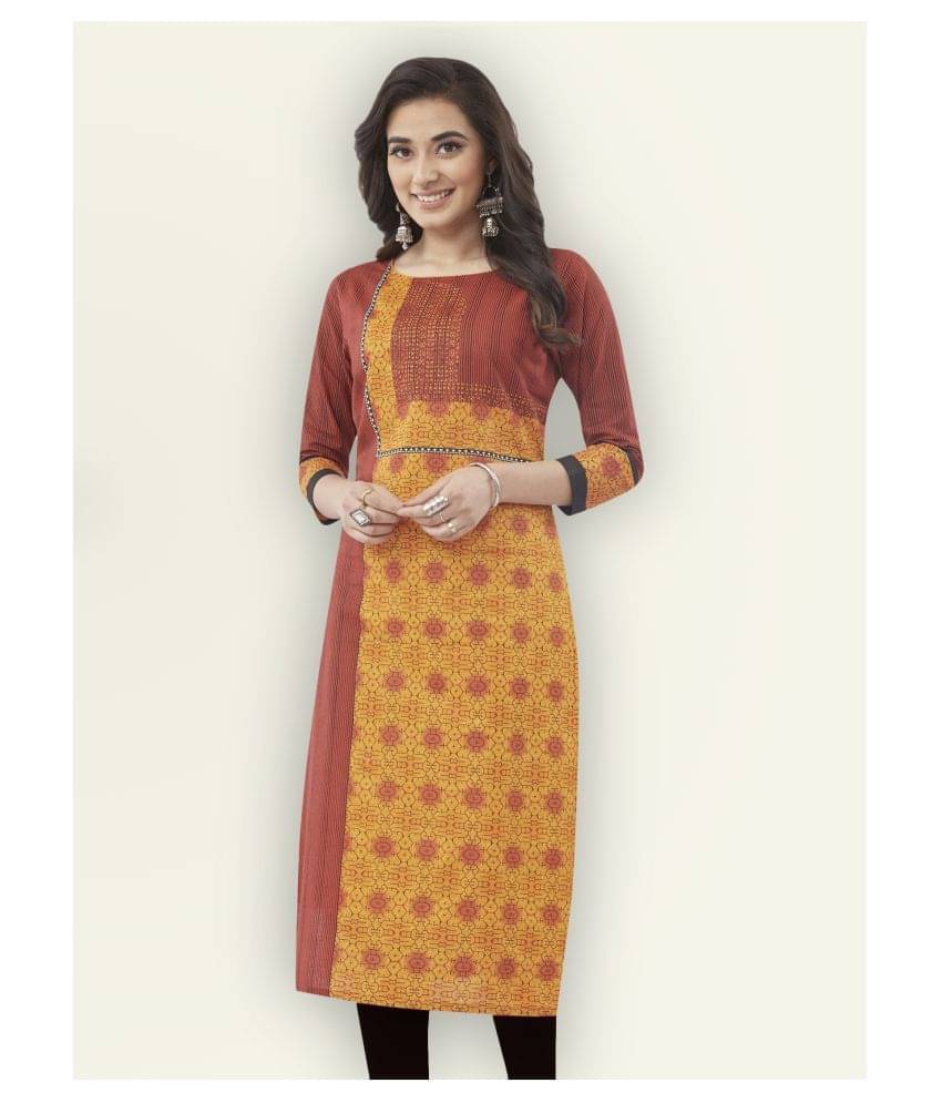 Jevi Prints Red Cotton Straight Kurti - Single     			Jevi Prints Red Cotton Straight Kurti - Single
