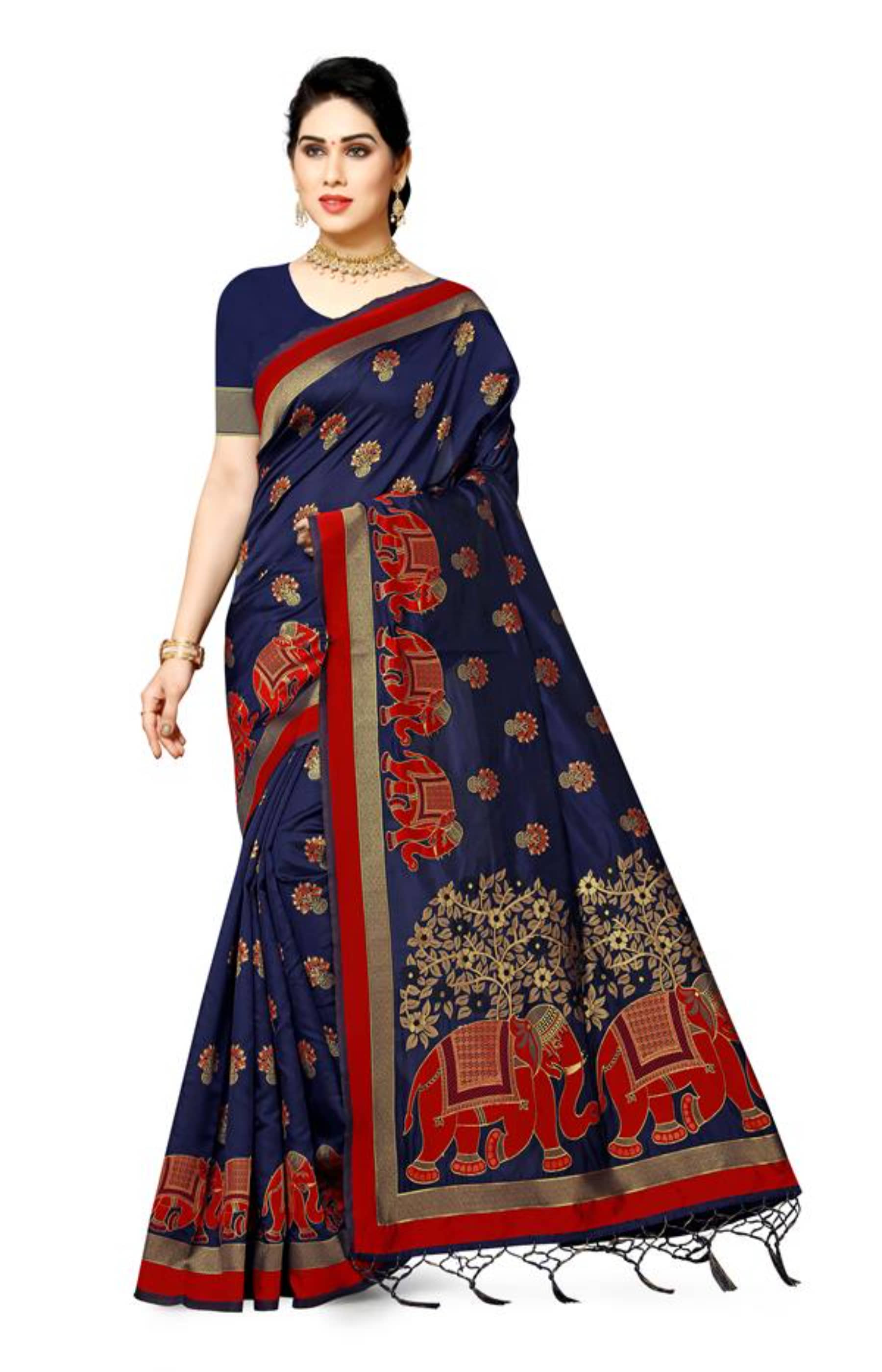 NENCY FASHION Banarasi Silk Printed Saree With Unstitched Blouse Piece ( Blue ) - Sarees | Buy online on ZillyBuy