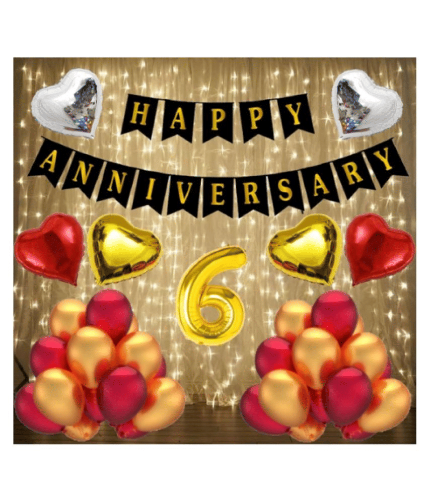     			Blooms Mall  6 no.Gold Foil Balloons with Happy Anniversary Decoration Items
