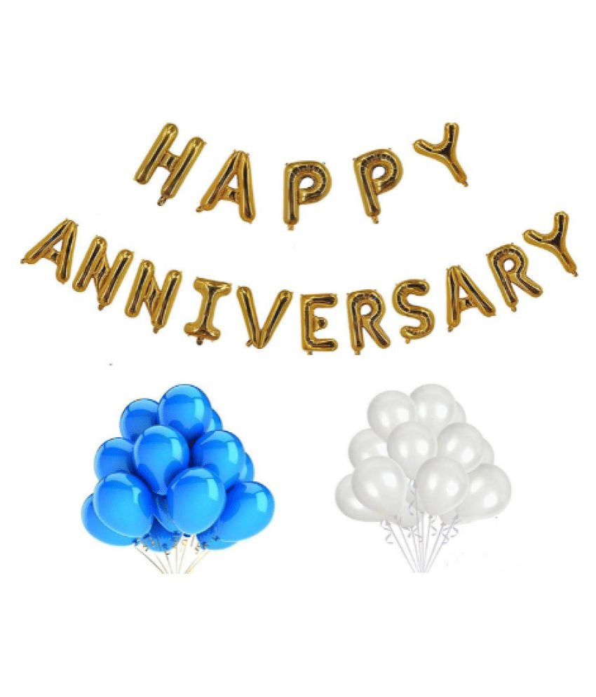     			Blooms Mall Golden Happy Anniversary Foil Balloon+ Blue & White balloon Combo set