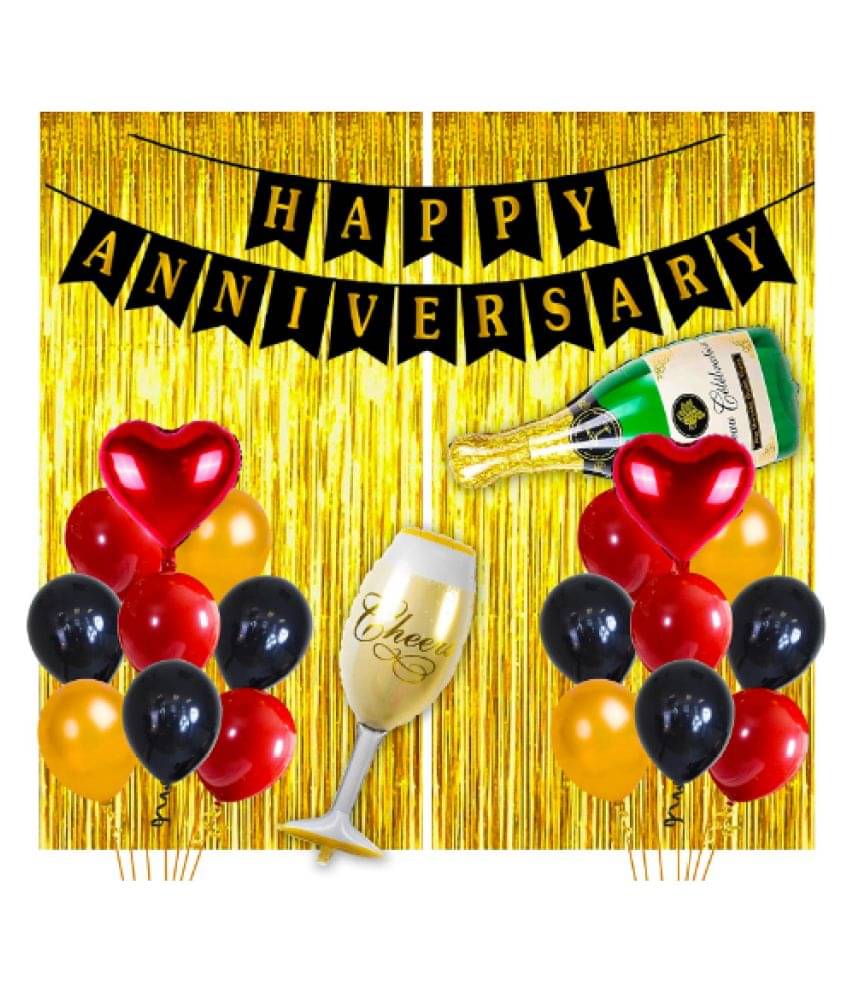     			Blooms Mall Happy Anniversary Decoration Items Combo Golden Foil Curtain, 50pcs Black Golden Red Metallic Balloon, 2pcs Red Heart Foil Balloon,